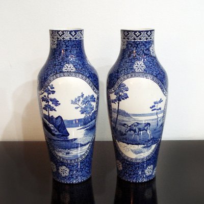 19th Century Swedish Porcelain Moose Blue Landscape Vases from Rörstrand, Set of 2-YGE-666516