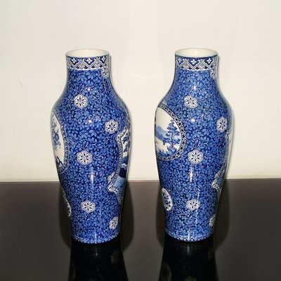 19th Century Swedish Porcelain Moose Blue Landscape Vases from Rörstrand, Set of 2-YGE-666516