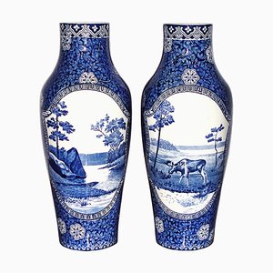 19th Century Swedish Porcelain Moose Blue Landscape Vases from Rörstrand, Set of 2-YGE-666516