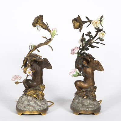 19th Century Table Lamps in Patinated Bronze, Porcelain and Granite, Set of 2-WFS-2041563