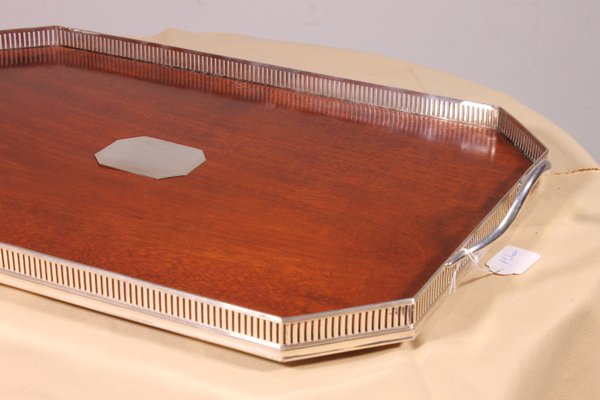 19th Century Tray in Silver Metal and Mahogany-HPU-2036679