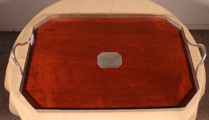 19th Century Tray in Silver Metal and Mahogany-HPU-2036679