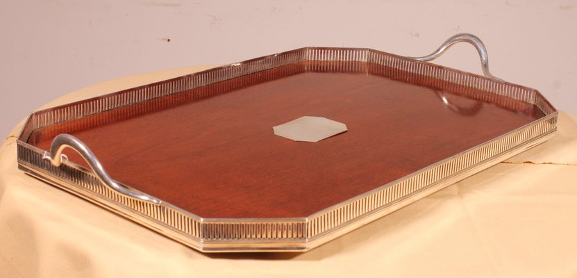 19th Century Tray in Silver Metal and Mahogany-HPU-2036679