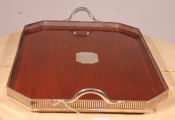 19th Century Tray in Silver Metal and Mahogany-HPU-2036679