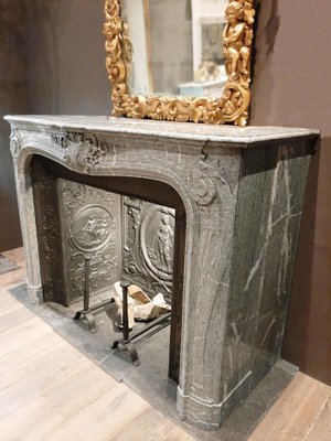 19th Century Vert Destours Marble Fireplace with Complete Cast Iron Hearth-TDA-1376381