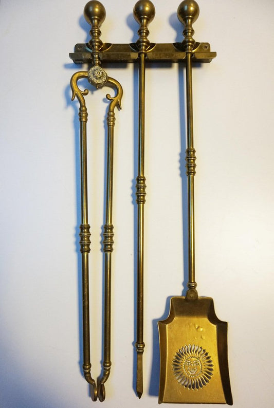 19th Century Wall Mounted Polished Brass Fireplace Tools and Holder, 1870s, Set of 4