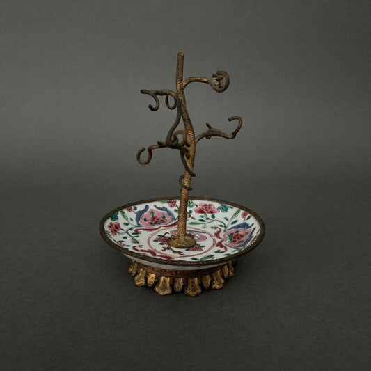 19th Century Watch Holder in Bronze with Naturalist Decor Porcelain Cup China