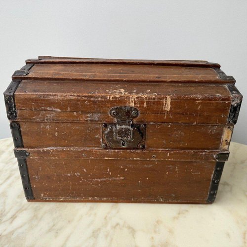 19th Century Wooden Doll Trunk with Metal Closure Storage