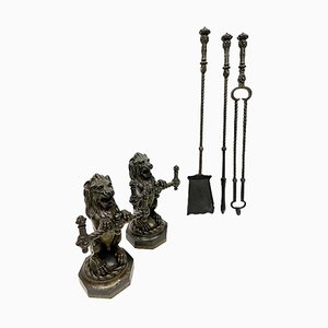 19th French Century Cast Iron Fire Dogs or Andirons with Tools, Set of 5-UCH-1224247