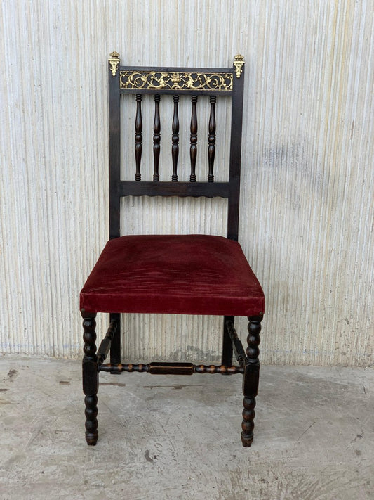 19th Spanish Chairs with Bronze Details & Red Velvet Upholstery, Set of 6