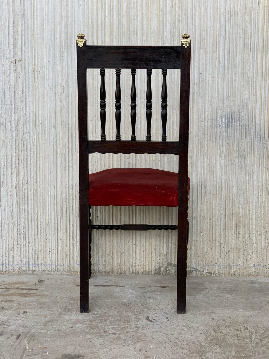 19th Spanish Chairs with Bronze Details & Red Velvet Upholstery, Set of 6