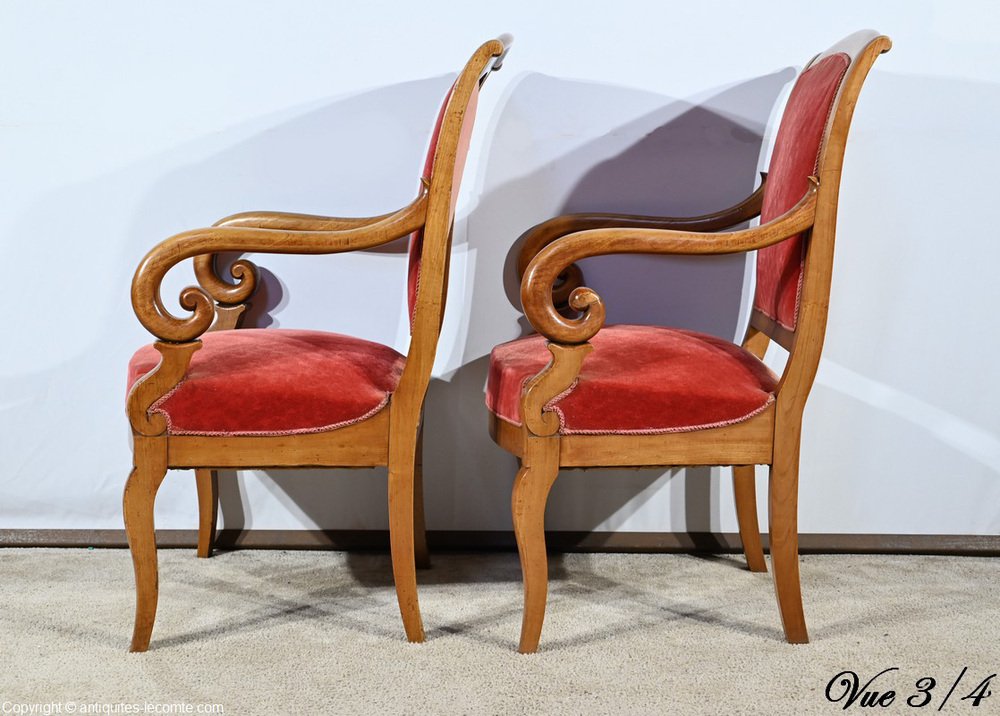 1st Part 19th Century Louis Philippe Cherry Wood Armchairs, Set of 2