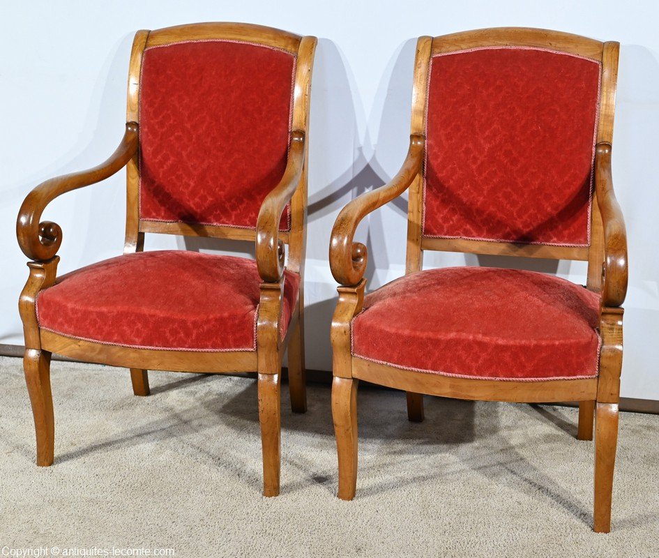 1st Part 19th Century Louis Philippe Cherry Wood Armchairs, Set of 2