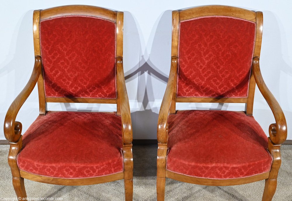 1st Part 19th Century Louis Philippe Cherry Wood Armchairs, Set of 2