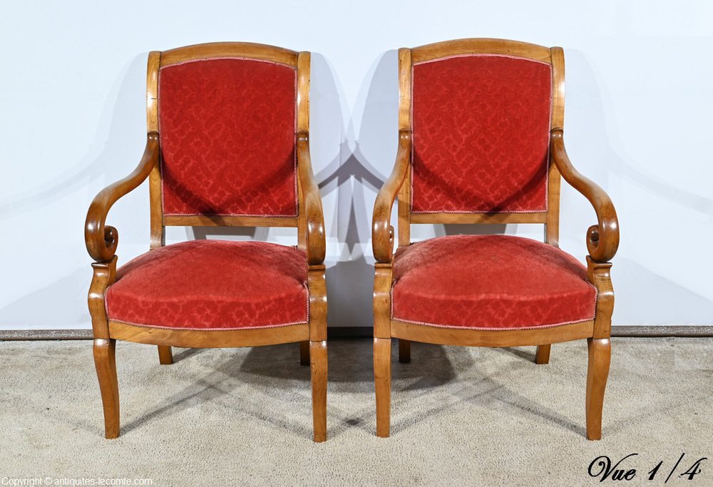 1st Part 19th Century Louis Philippe Cherry Wood Armchairs, Set of 2