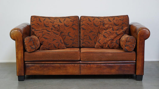 2.5-Seat Sheep Leather Sofa with Fabric Cushions in English Style