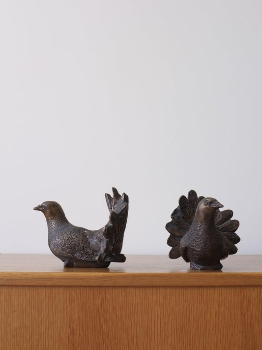 2 Bronze Pigeon Bird Figurines, Set of 2