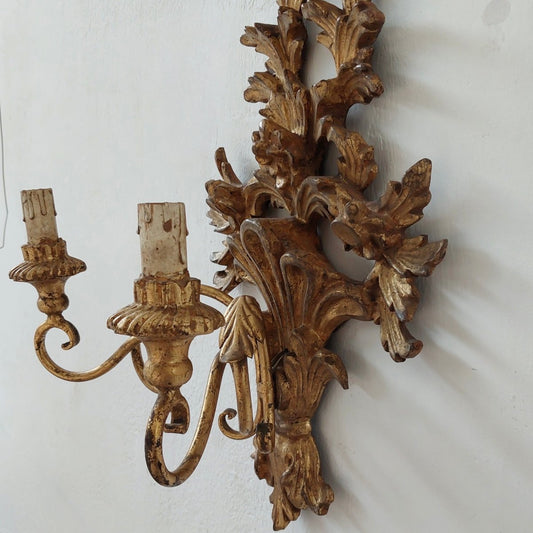 2-Light Gilded Carved Wooden Wall Lights, 1950s, Set of 2