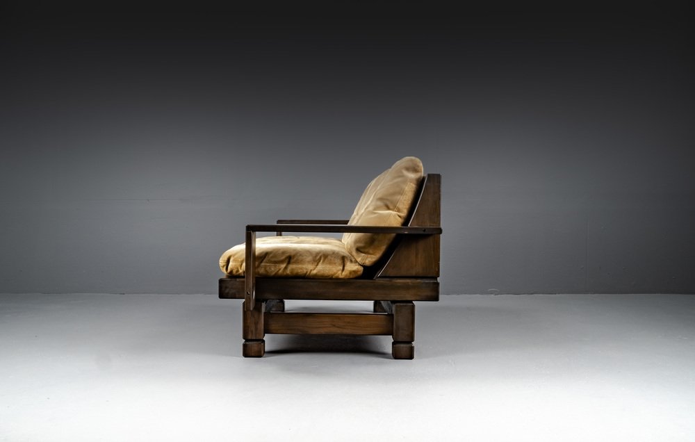 2-Seater Lounge Sofa in Softwood and Leather, France, 1960s