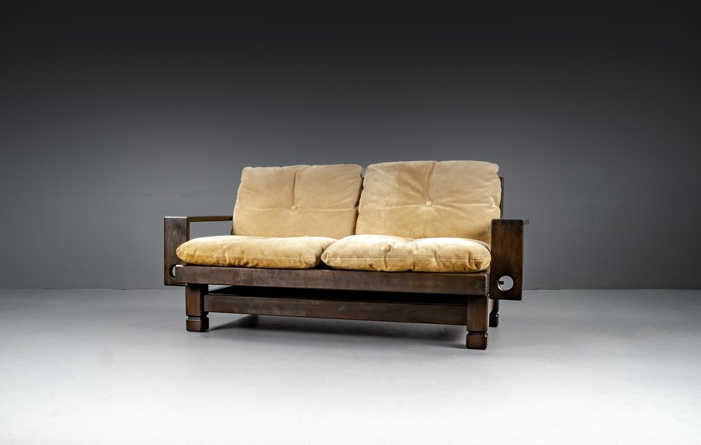 2-Seater Lounge Sofa in Softwood and Leather, France, 1960s