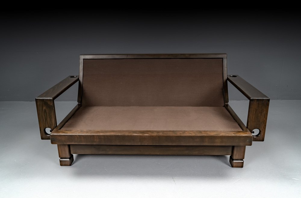 2-Seater Lounge Sofa in Softwood and Leather, France, 1960s