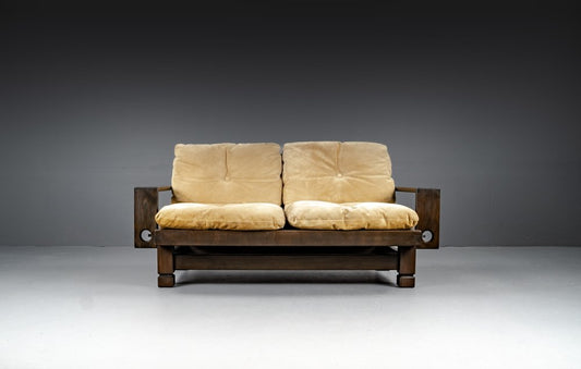 2-Seater Lounge Sofa in Softwood and Leather, France, 1960s