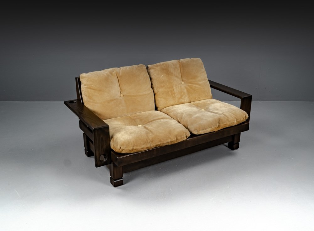 2-Seater Lounge Sofa in Softwood and Leather, France, 1960s