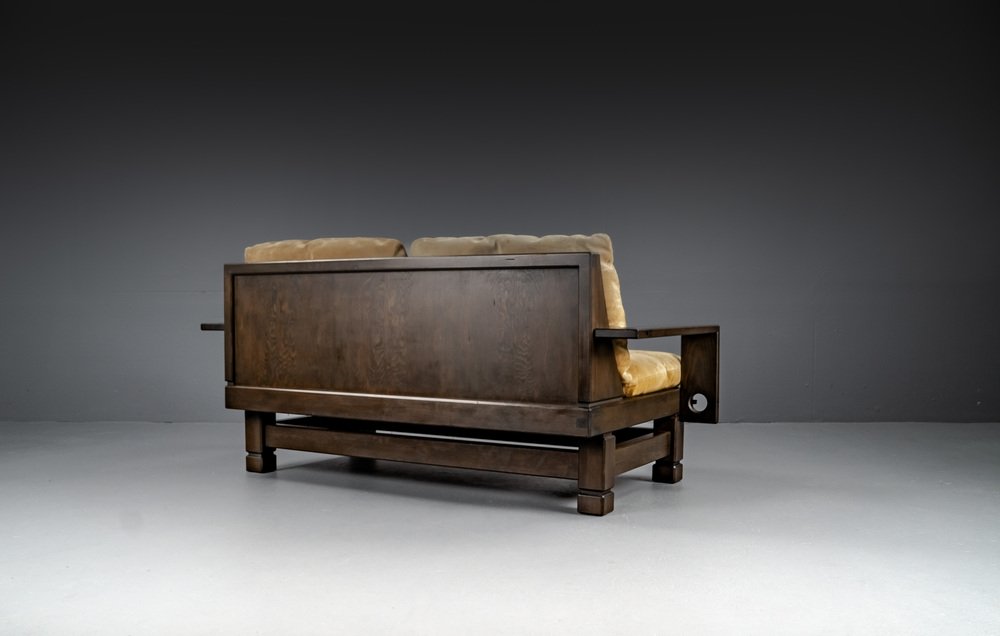 2-Seater Lounge Sofa in Softwood and Leather, France, 1960s