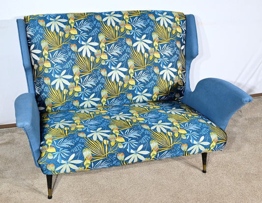 2-Seater Sofa in Azure Blue Fabric, 1940s