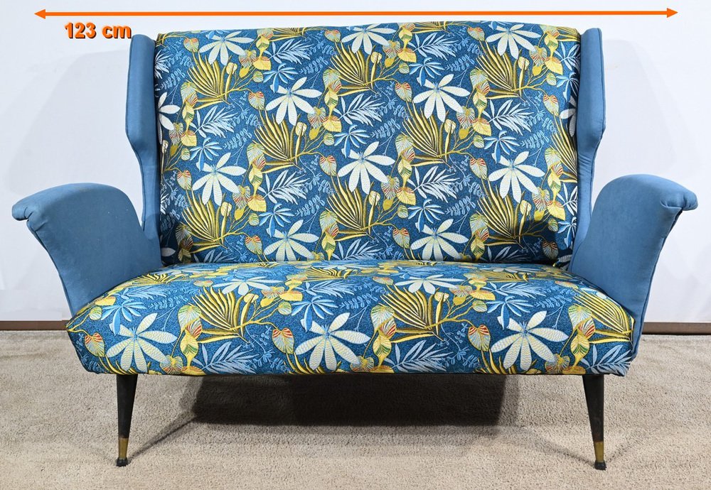 2-Seater Sofa in Azure Blue Fabric, 1940s