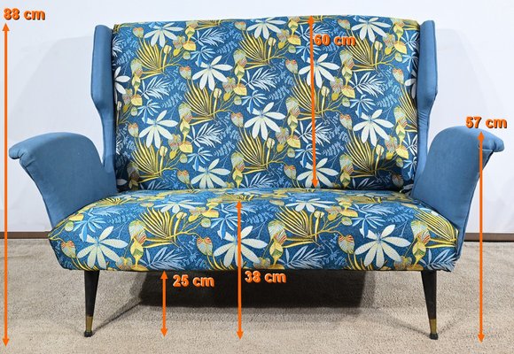 2-Seater Sofa in Azure Blue Fabric, 1940s