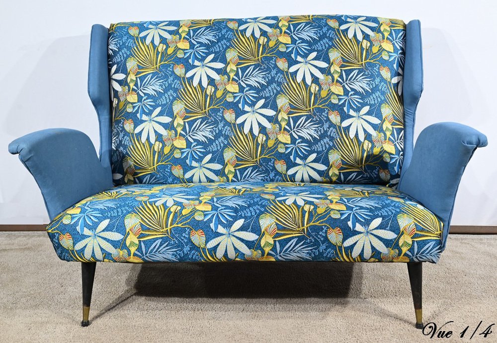 2-Seater Sofa in Azure Blue Fabric, 1940s