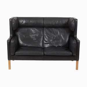 2-Seater Sofa with Original Patinated Black Leather and Oak Wood Legs by Børge Mogensen for Fredericia-MTD-1400775