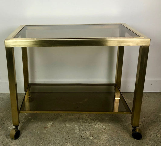 2-Tier Smoked Glass & Brass Serving Trolley, 1970s