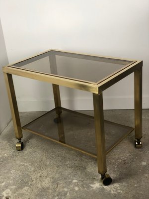 2-Tier Smoked Glass & Brass Serving Trolley, 1970s-RWZ-1030726