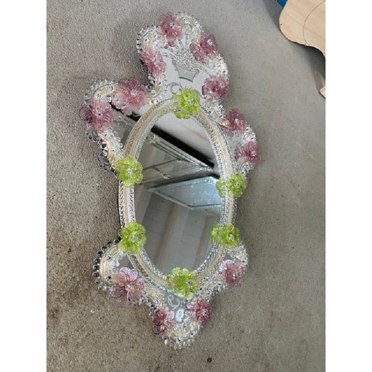 2000s Venetian Oval Green and Pink Floreal Hand-Carving Mirror by Simong