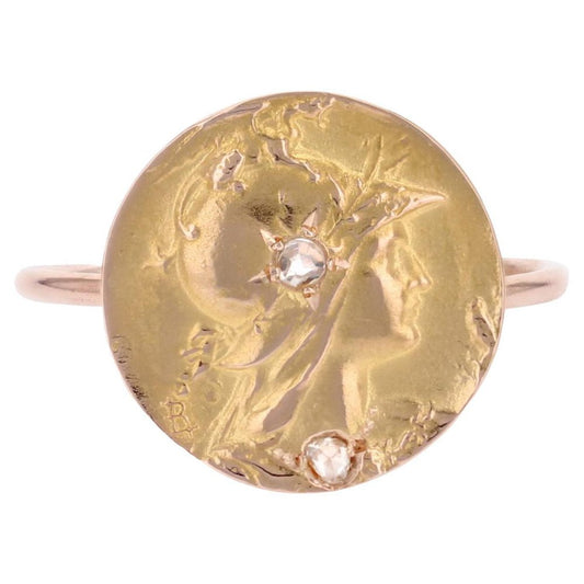 20th Century 18 Karat French Diamonds Rose Gold Minerva Round Shape Ring, 1890s