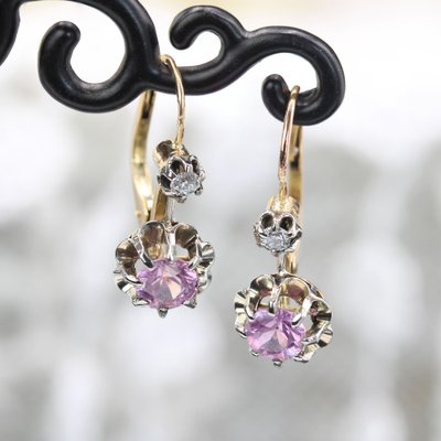 20th Century 18 Karat Yellow Gold and Platinum Lever Back Earrings Pink Sapphire, Set of 2-OLU-1757420