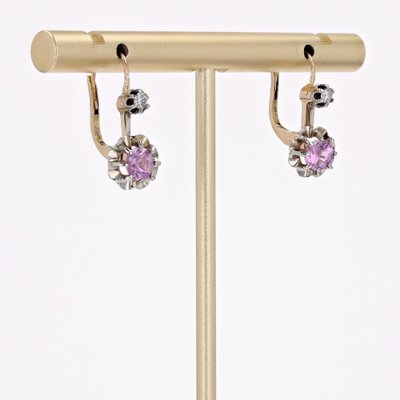 20th Century 18 Karat Yellow Gold and Platinum Lever Back Earrings Pink Sapphire, Set of 2-OLU-1757420