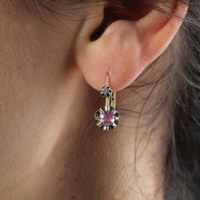 20th Century 18 Karat Yellow Gold and Platinum Lever Back Earrings Pink Sapphire, Set of 2-OLU-1757420