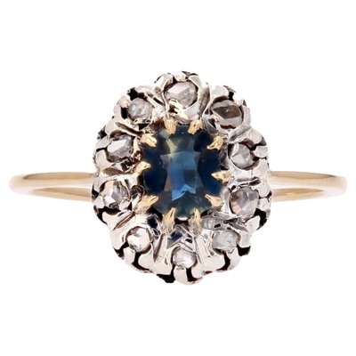 20th Century 18 Karat Yellow Gold Cluster Ring with Sapphire & Diamonds, 1890s-OLU-1756217