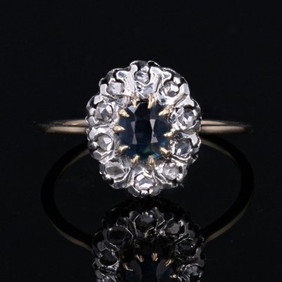 20th Century 18 Karat Yellow Gold Cluster Ring with Sapphire & Diamonds, 1890s-OLU-1756217