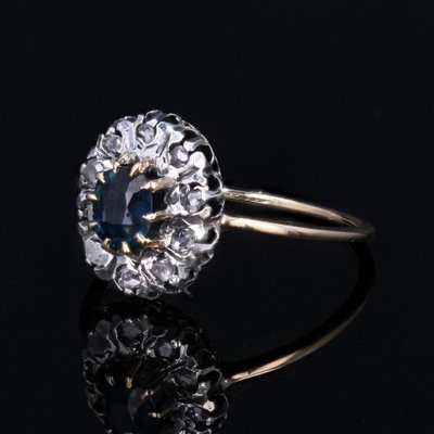 20th Century 18 Karat Yellow Gold Cluster Ring with Sapphire & Diamonds, 1890s-OLU-1756217