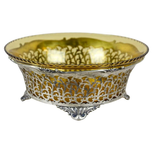 20th Century Art Nouveau Silver Basket with Amber Colored Glass Bowl, 1900s