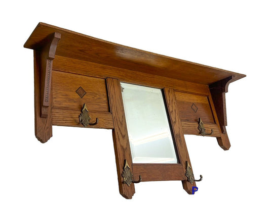 20th Century Arts & Crafts Oak Wall Coat Rack with Beveled Mirror, 1920s