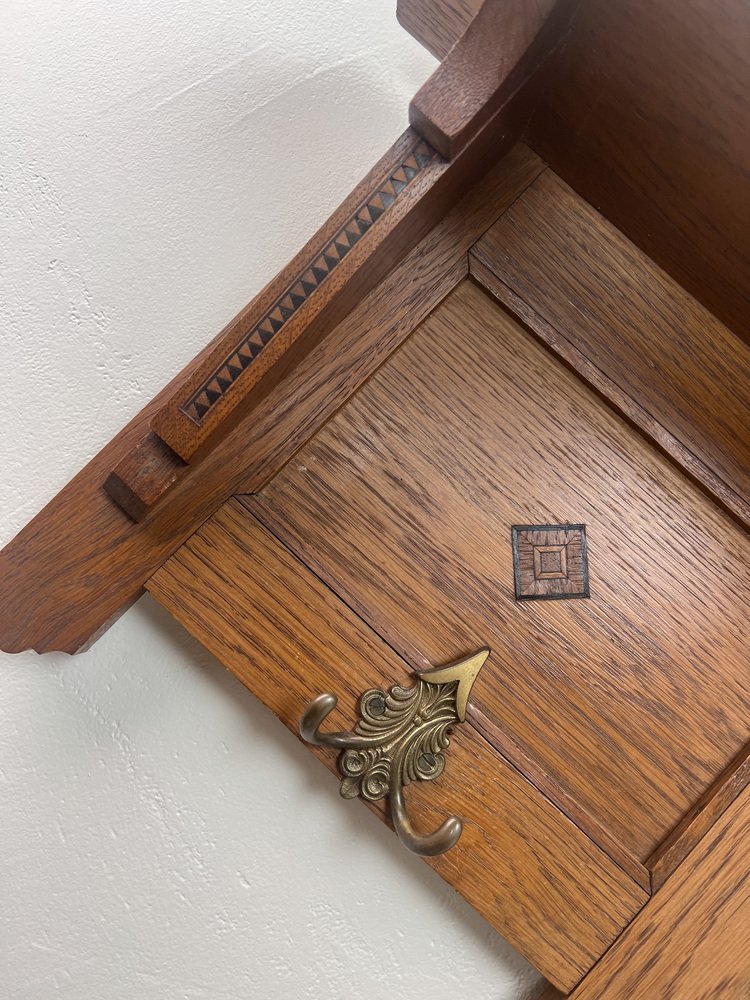 20th Century Arts & Crafts Oak Wall Coat Rack with Beveled Mirror, 1920s