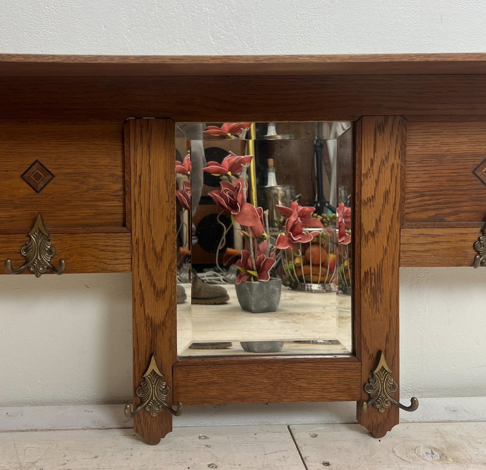 20th Century Arts & Crafts Oak Wall Coat Rack with Beveled Mirror, 1920s