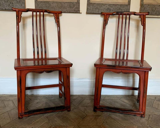 20th Century Asian Chairs in Red Lacquered Wood, Set of 2