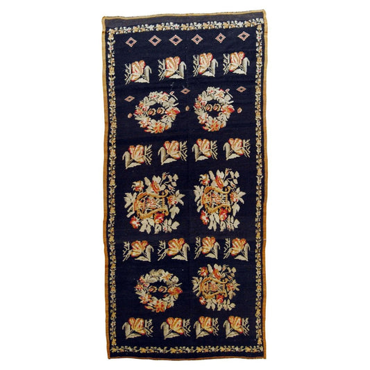 20th Century Black Floreal Bessarabian Kilim Rug, 1920s