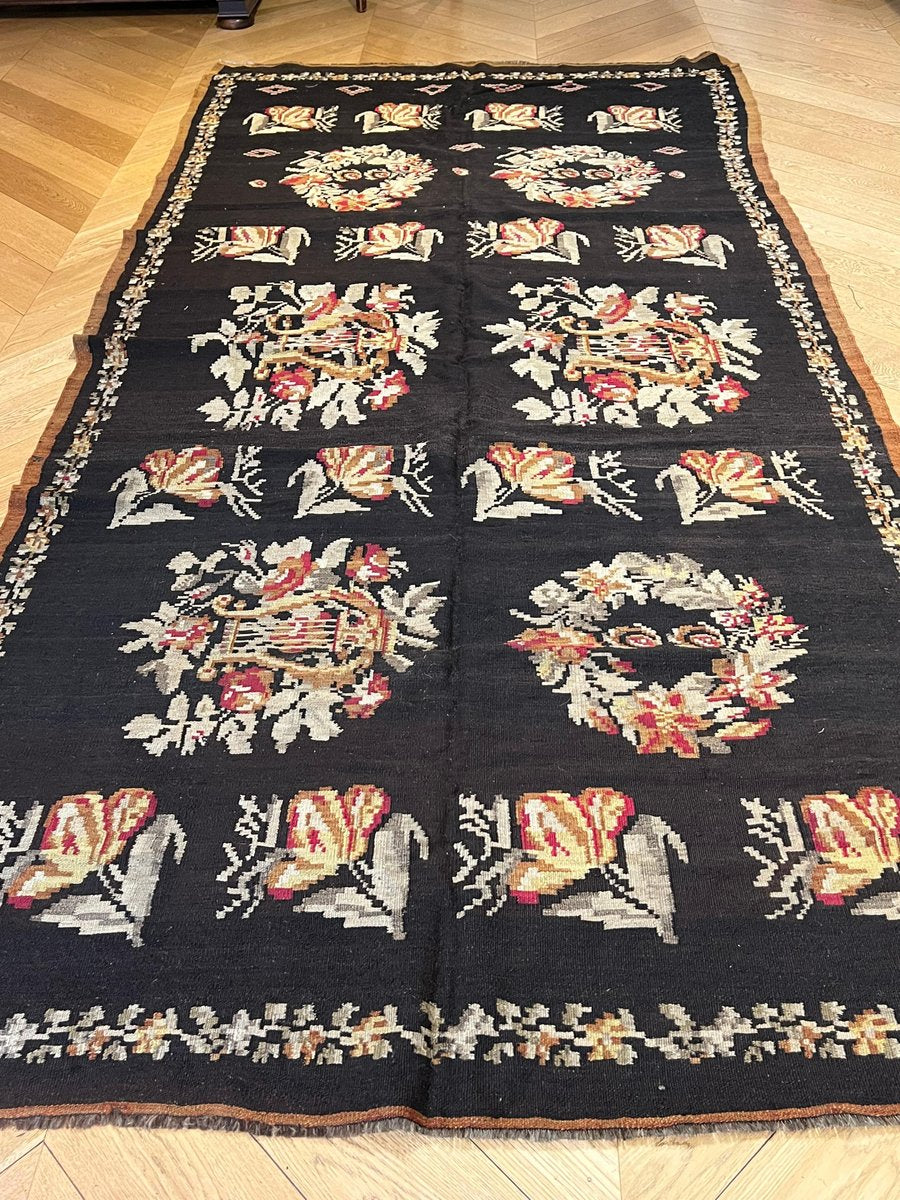 20th Century Black Floreal Bessarabian Kilim Rug, 1920s